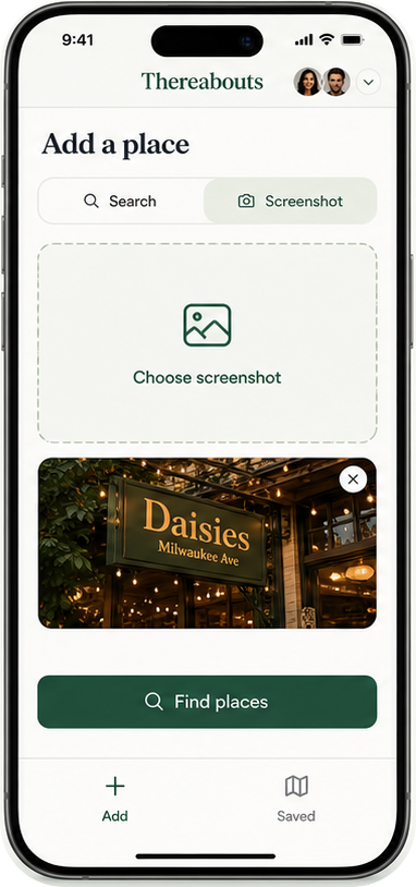 Thereabouts Add screen with a selected screenshot ready to find places.