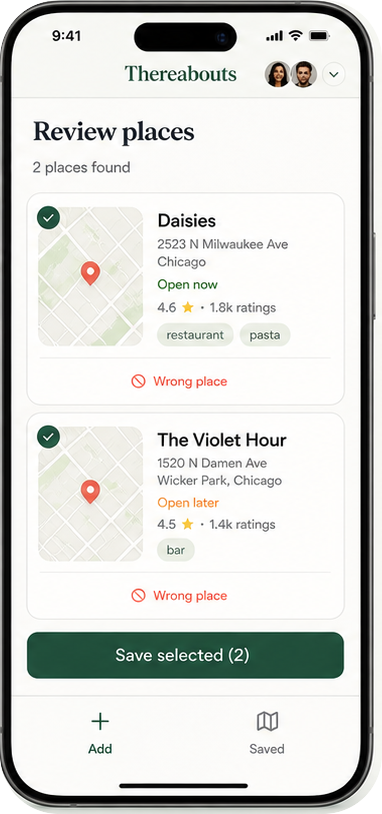 Thereabouts Review places screen with two place matches selected.